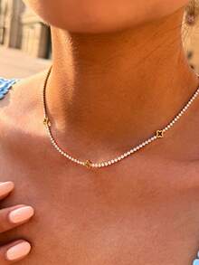 1pc 18K Gold Plated Zirconia Stainless Steel Necklace, Women's Jewelry Accessory, Suitable For Daily Wear And Dating - Gold - View 2