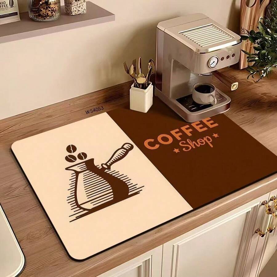 1pc Vintage Coffee Shop Pattern Drying Mat, Non-Slip Water-Absorbent Quick-Dry Coffee Maker Mat, Stain-Resistant Easy-To-Clean Kitchen Countertop Mat, Waterproof Decorative Mat For Coffee Bar, Dish Drying & Home Daily Use - Multicolor - View 1