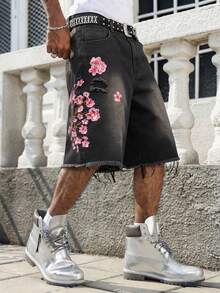 1pc Justice Brother Korean Style Embroidered Black Denim Casual Loose Shorts For Men (Belt And Accessories Not Included) - Black - View 4