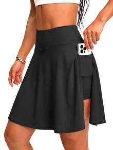 Plus Size Women's Sports Skirt With Built-In Shorts And Pockets, High Waist Golf/Badminton/Tennis Skirt, Casual Fashionable 2 In 1 Yoga Skort With Slit, Spring/Summer - Black - View 4