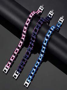 1 pieza Brazalete de cadena de motocicleta de acero de titanio ancho vintage, brazalete de metal minimalista, unisex, multicolor, adecuado para uso diario, fiesta y regalo de vacaciones, accesorio de otoño, accesorio de Halloween - Pulsera exquisita y elegante - Ver 7
