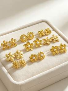 18 Pieces / 9 Pairs, Summer Golden Women's Pearl Earrings. Includes Designs Such As Sunflowers And Sunflowers. Suitable For Casual Daily And Vacation Wear. - Stainless Steel Set - View 5