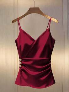 Fitted T-Shirt With Thin Straps, Ruffles And Decorative Metal Buckle - Purple - View 1