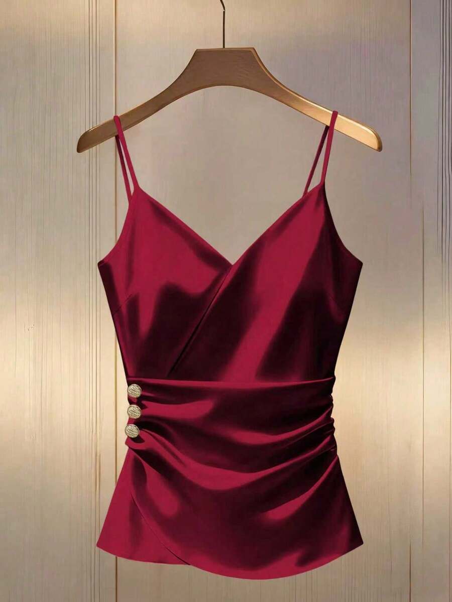 Fitted T-Shirt With Thin Straps, Ruffles And Decorative Metal Buckle - Purple - View 1