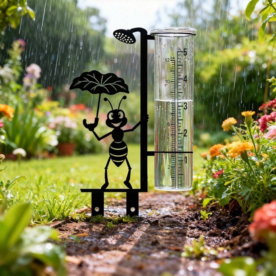 Outdoor Rain Gauge (Includes Glass Measuring Cup), Metal Ant Rain Gauge Suitable For Garden, Yard, Patio And Lawn, With Large Easy-To-Read Numbers - B - View 1