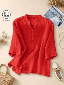 Women's Solid Color Asymmetrical Embroidery Casual Loose Linen Blouse, Spring/Summer Red - Red - View 1