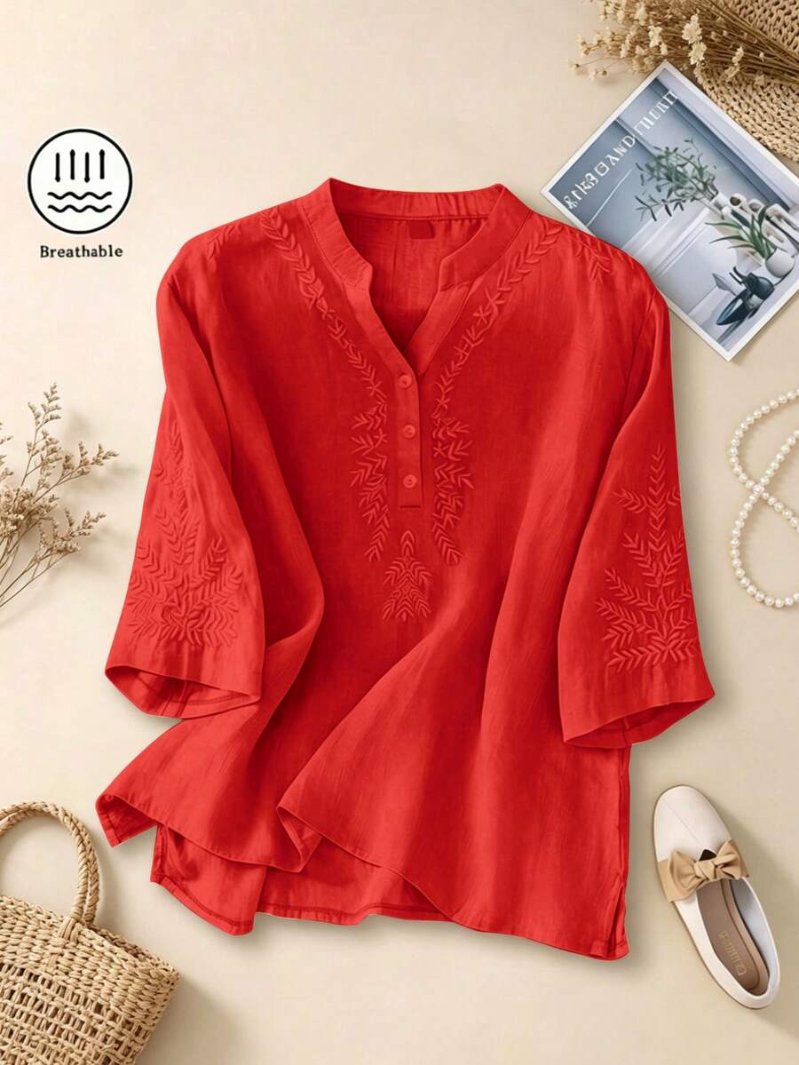 Women's Solid Color Asymmetrical Embroidery Casual Loose Linen Blouse, Spring/Summer Red - Red - View 1