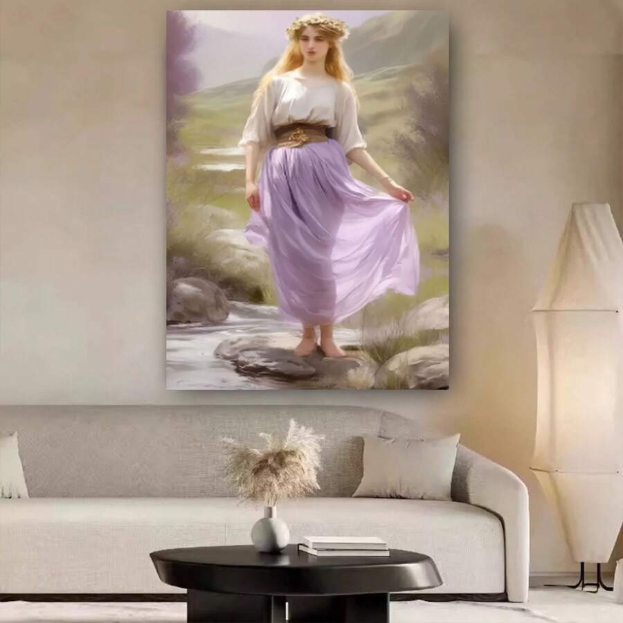 Enmarcado plano 2D, 1 unidad, lienzo enmarcado para pared - Mujer elegante con vestido morado y paisaje , decoración artística plana 2D para el hogar, oficina, bar, aula, dormitorio, decoración de primavera para interiores y exteriores, regalo para el Día de la Madre, graduación, decoración de dormitorio | Artesanía artística - Enmarcado - Ver 1