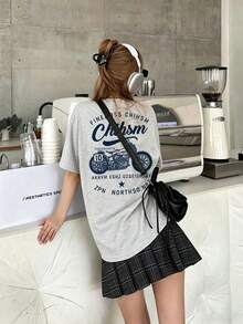 Women's Fashion Loose Fit Round Neck Casual Motorcycle Letter Print Short Sleeve T-Shirt, Summer - Light Gray - View 4