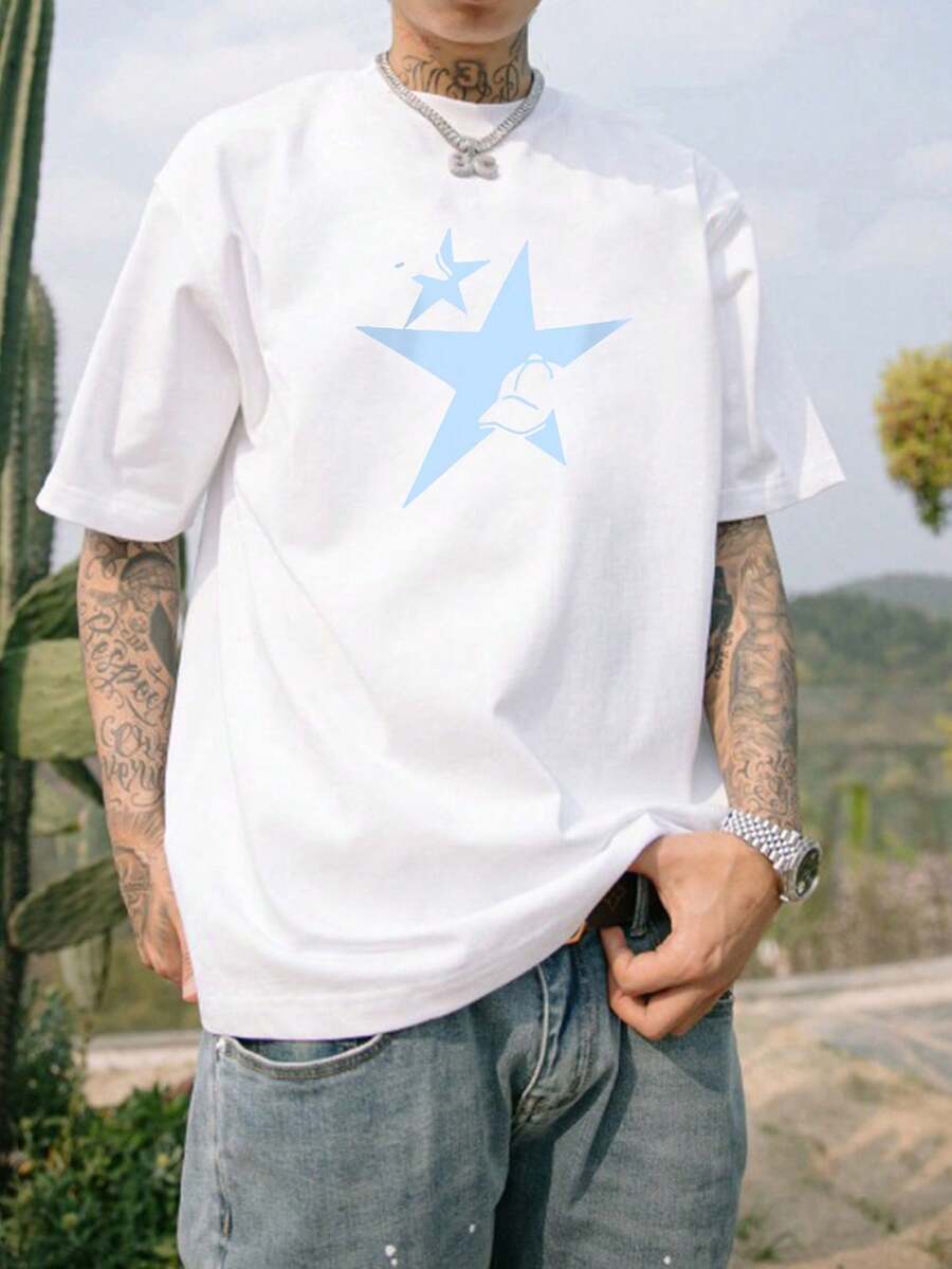 Men's Vintage Star Print T-Shirt, Summer Tops - White - View 1
