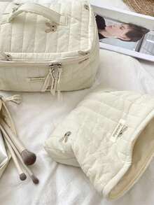 Embroidered Multifunctional Makeup Bag Large Cosmetic Organizer Storage Handbag For Women - Apricot - View 4