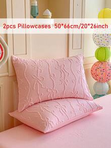 2pcs/Set Pink Cut-Out Bow Embroidery Bed Pillowcases, Simple Cute Ins Style Polyester Decorative Throw Pillow Covers Suitable For All Seasons, Textured Decor, Machine Washable, No Filling Included - Pink - View 13