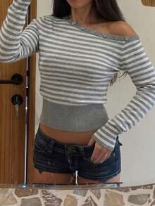 Women's Grey Striped Asymmetrical Shoulder Top, Autumn - Gray and White Stripes - View 7