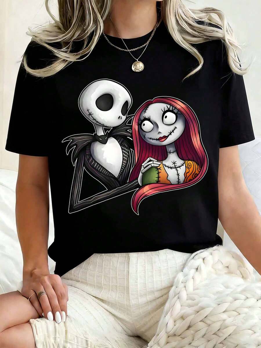 Disney Women Round Neck T Shirt Jack Skellington And Sally Print Halloween Costume Party 220g - màu đen - Xem 1