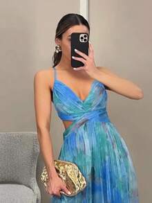 Lightweight Printed Tulle Strappy Dress For Spring And Summer - 孔雀綠 - 查看 2