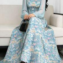 jianchaimaoyi02  Vestido de manga farol de cuello cuadrado con estampado floral diminuto, vestido largo elegante con cintura ceñida para verano y uso diario, vestido floral negro - Multicolor - Ver 5