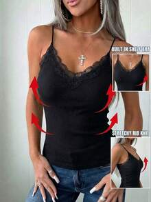 ChicMe ملابس علوية نسائي بحمالات برقبة على شكل حرف V مع رقع دانتيل وحمالة صدر مبطنة مدمجة، توب كاجوال ضيق مرن - الأسود - مشاهدة 1