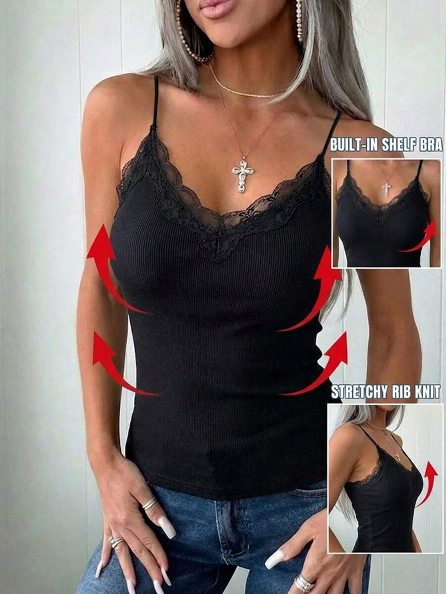 ChicMe ملابس علوية نسائي بحمالات برقبة على شكل حرف V مع رقع دانتيل وحمالة صدر مبطنة مدمجة، توب كاجوال ضيق مرن - الأسود - مشاهدة 1