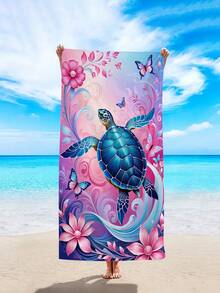 1件海龜印花沙灘巾，夢幻海洋生物設計大尺寸沙灘巾，超細纖維吸水防沙沙灘浴巾，適合旅行、游泳池、潛水、衝浪、瑜伽、露營、海邊度假、水上派對裝飾沙灘巾，夏季海邊旅行必備披肩浴巾，浴室裝飾多功能沙灘巾（單面印花） - 淺粉色 - 查看 5