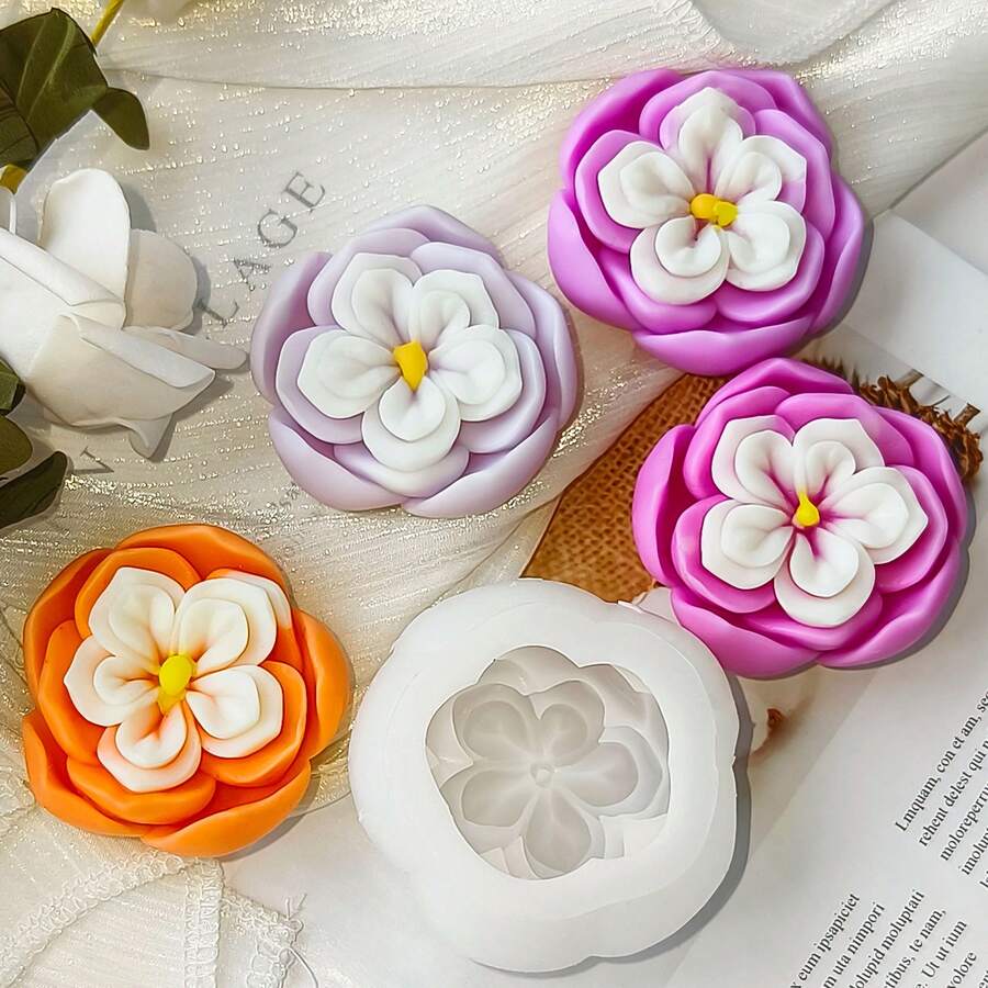 1pc 5-Petal Flower Silicone Candle Mold, Exquisite Flower Shape, Non-Stick, Reusable, Suitable For Aromatherapy Candles, Plaster Resin, DIY Romantic Home Decor, Valentine's Day Craft Supplies - A-White - View 1