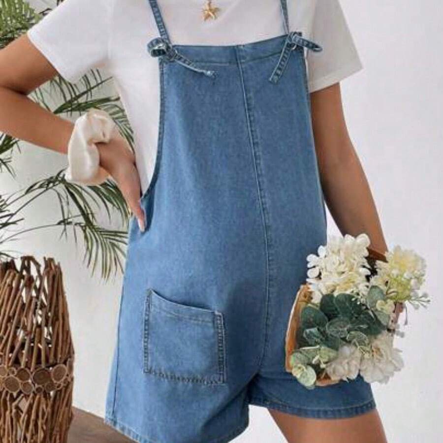 Shorts vaqueros cortos sencillos con tirantes y bolsillo para maternidad, uso casual diario - Azul - Ver 1