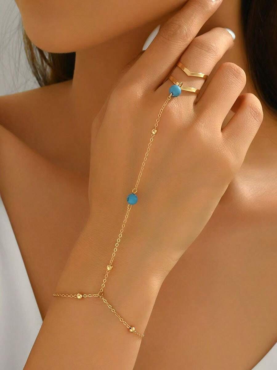 1pc Fashion Simple Elegant Design Metal Chain V-Shape Open Ring Turquoise Women's Ring Bracelet - Gold - View 1