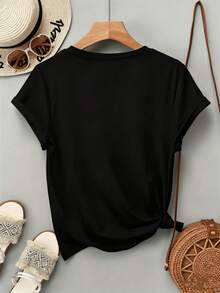 Playera Mujer Amplia Estampado Gráfico Primavera VeranoWomen'S Multicolor Butterfly Floral Tree Print Round Neck Regular T-Shirt - Negro - Ver 2