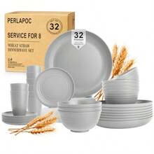 Juego de vajilla de paja de trigo platos y cuencos 32 juegos de vajilla de servicio para 8 juego de platos reutilizables irrompibles utensilios esenciales de cocina al aire última - Gris - Ver 9