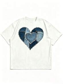 Women's Short-Sleeved T-Shirt With A Heart Patch Print, Suitable For Everyday Wear, Casual Outings, Weekends, And Vacations. Relaxed Style, Crew Neck, Made Of Polyester, Ideal For Spring And Summer. Domestic Shipping Available In Mexico. - trắng - Xem 6