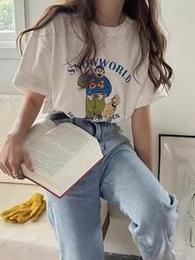 Camiseta Oversize con Estampado de Personajes de Dibujos Animados y Perros Estilo Y2K - Top Unisex de Manga Corta con Hombros Caídos, Diseño Largo y Detalles de Apliques, Tejido Transpirable - Blanco - Ver 3