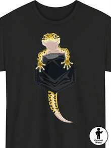 Camiseta divertida para hombre con estampado de leopardo y diseño de gecko en el bolsillo |   Camiseta negra casual de corte holgado con un bonito diseño de reptil, cómoda para todas las estaciones, se recomienda lavar a mano, camiseta para uso diario, camiseta con estampado divertido, tela duradera. - Negro - Ver 1