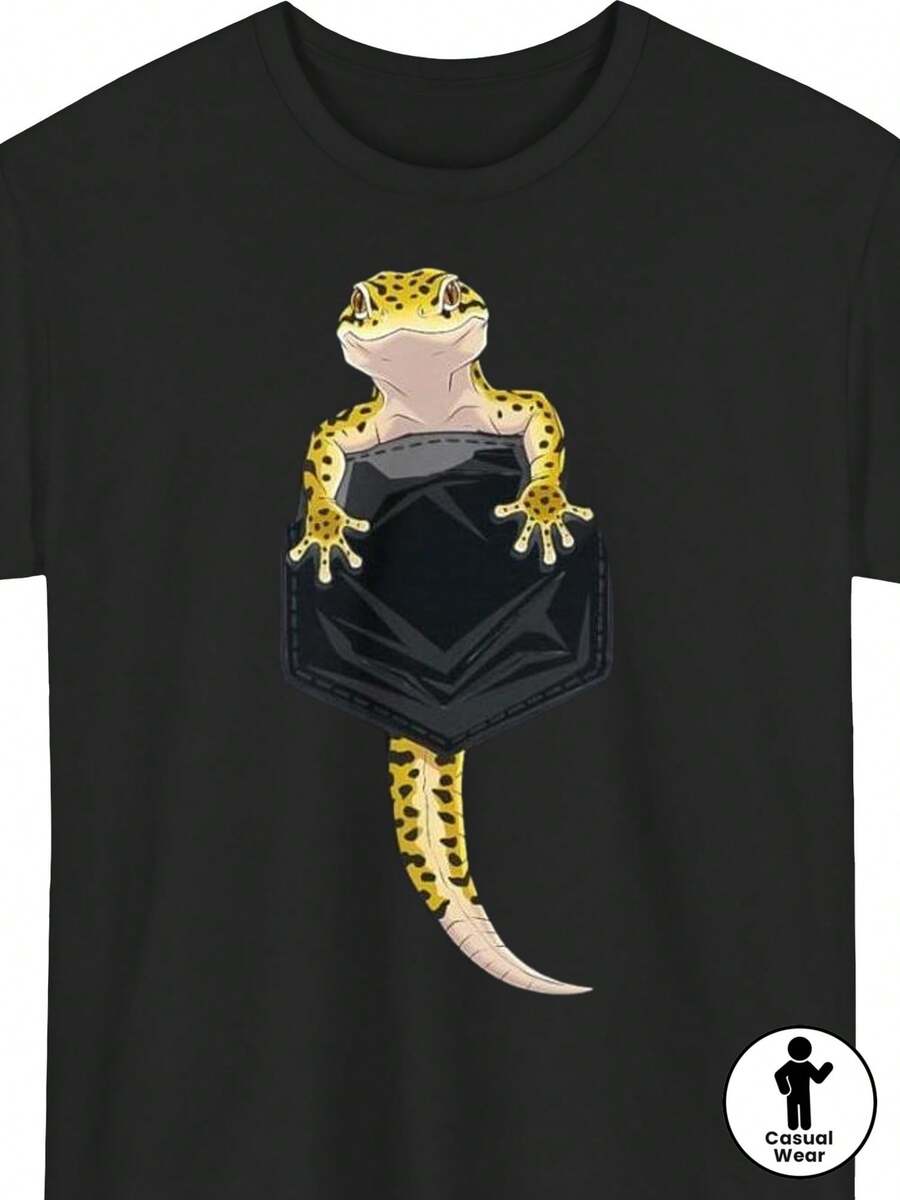 Camiseta divertida para hombre con estampado de leopardo y diseño de gecko en el bolsillo | Camiseta negra casual de corte holgado con un bonito diseño de reptil, cómoda para todas las estaciones, se recomienda lavar a mano, camiseta para uso diario, camiseta con estampado divertido, tela duradera. - Negro - Ver 1