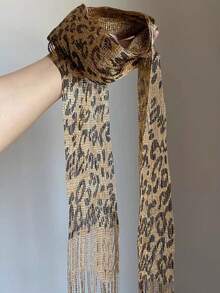 1 pieza Pañuelo de cinta con borlas de estampado de leopardo vintage, versátil y de nicho estacional, simple y fácil de combinar, adecuado para atuendos de fiesta - Multicolor - Ver 3