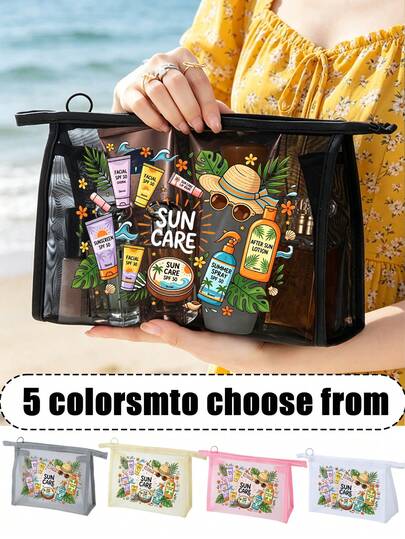 Bolsa de cosméticos de malla con nuevo estampado de tema de protector solar, diseño fresco de sol y protector solar dibujado a mano, bolsa de cosméticos multifuncional, para clips, diademas, almacenamiento de cojín de aire rojo, bolsa de almacenamiento portátil, bolsa de cuidado de la piel, artículos esenciales de viaje, suministros de dormitorio, almacenamiento de baño, almacenamiento de joyas, bolsa de almacenamiento de aceite de labios y cosméticos, bolsa de útiles escolares, bolsa de maquillaje, artículos esenciales de vacaciones, almacenamiento de protección y cuidado solar de verano, regalos para madres, regalos de cumpleaños, regalos para amigos y maestros