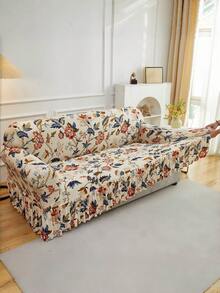 1PC Non-Slip Elastic Aesthetic Sofa Cover, Milk Silk Fabric Floral Print Ruffle Design, Fit For 1-2-3-4 Seater Sofa, Pet-Proof Anti-Stain, Vibrant Colors, All Seasons - Multicolor - View 11