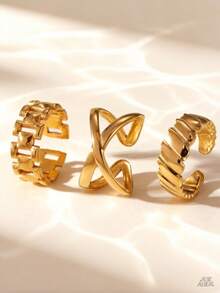 Geometric Criss-Cross Chain Stainless Steel Adjustable Open Ring Set, Suitable For Women's Daily, Commute, Holiday Party, Versatile - Gold - View 3