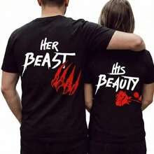 amiseta de Pareja Su Bestia Su Belleza, Conjuntos a Juego para Parejas, Regalos para el Día de San Valentín, Camisetas de Aniversario, Camiseta Romántica de Pareja en , Top Unisex - Negro - Ver 1