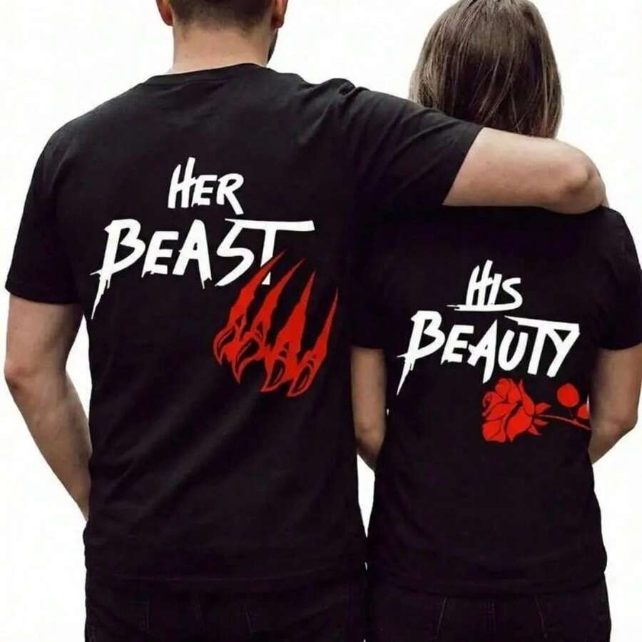 amiseta de Pareja Su Bestia Su Belleza, Conjuntos a Juego para Parejas, Regalos para el Día de San Valentín, Camisetas de Aniversario, Camiseta Romántica de Pareja en , Top Unisex - Negro - Ver 1