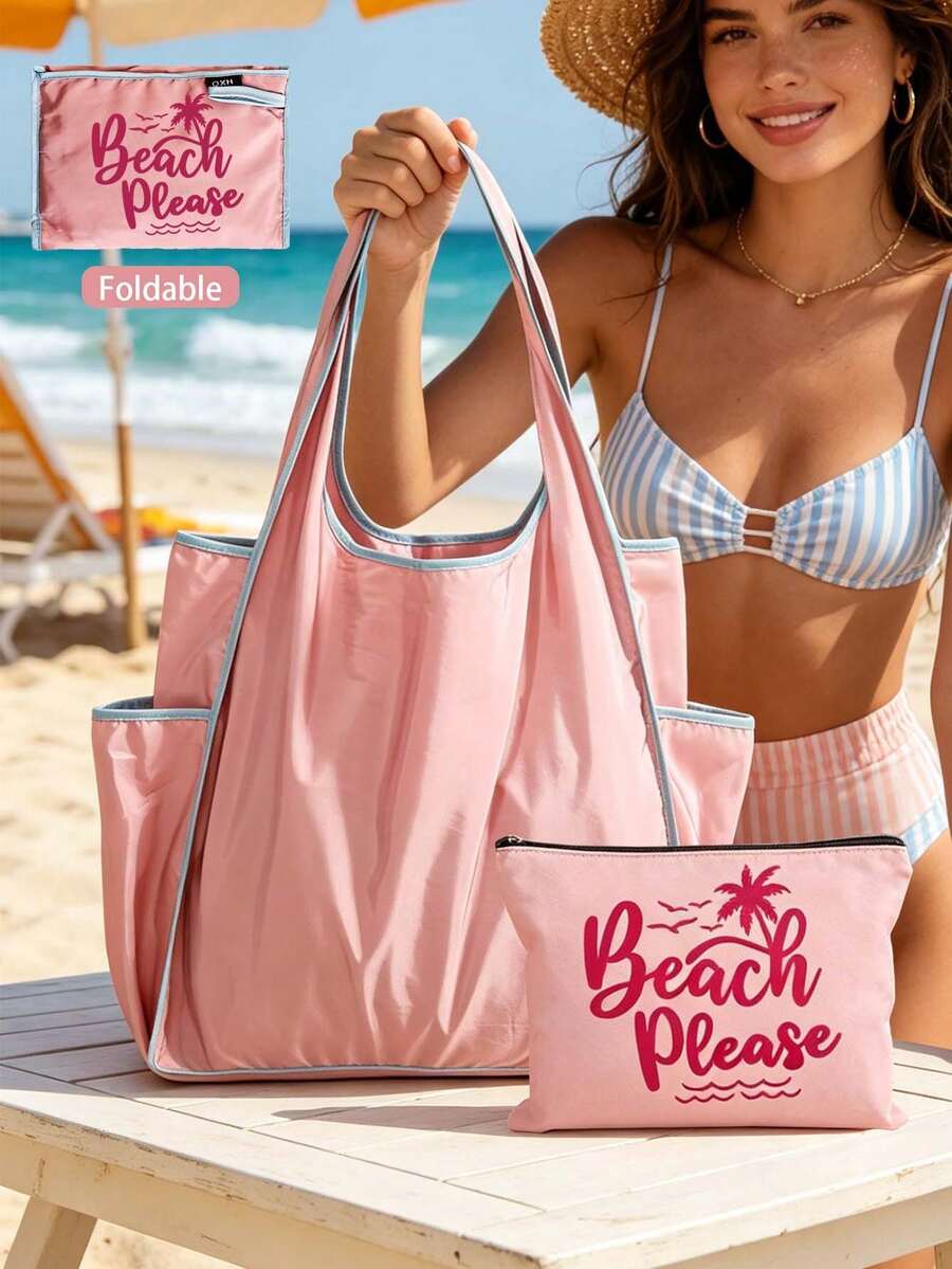 Foldable Beach Tote Bag & Pouch Set, "Beach Please" Print, Large Capacity Beach Shoulder Bag, Water Resistant Casual Handbag, Travel Cosmetic Bag, Casual Summer Vacation & Daily Use Storage Bag, Multifunctional Shopping Bag, Suitable For Shopping, Travel, Outdoor Activities, School, Daily, Unique Birthday Gifts, Holiday Gifts, Party Gifts, Vacation Gifts, Back-To-School Gifts, Anniversary Gifts - Multicolor - View 1