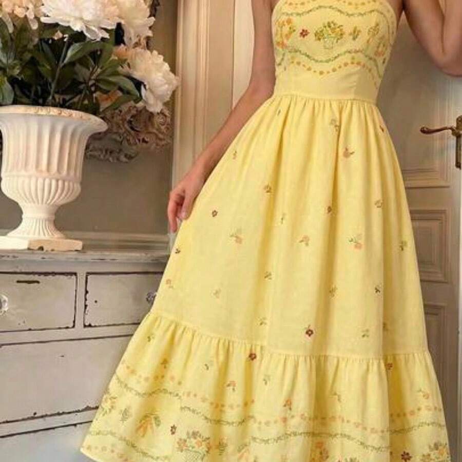 yonghongmaoyi1  MOD Vestido bohemio de mujer con estampado floral vintage - Perfecto para vacaciones, ocasiones románticas; Vestido floral de playa adecuado para vacaciones, citas, picnics, fiestas, bailes de graduación, festivales y cumpleaños; Estilo vintage romántico de corte - Amarillo claro - Ver 1