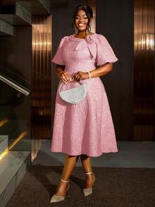 Women Plus Size Pink Jacquard Flared Puff Sleeve A-Line Graduation Dress Wedding - Pink - View 8