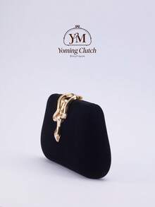 1pc Velvet Box Elegant Clutch Bag, Shiny Metal Decor Evening Bag, Suitable For Formal Dress, Party, Wedding Bride Wallet, Crossbody - Black - View 5