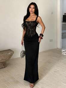 1pc Solid Color Elegant Sexy Casual Knitted Fabric Fishbone Pressed Line Lace Patchwork Dress For Vacation Beach Back To School Party Bachelorette Party Autumn - Black - View 2