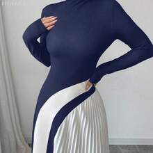 MewMuse.  Vestido sexy de mujer con bloqueo de color y plisado - Azul marino - Ver 10
