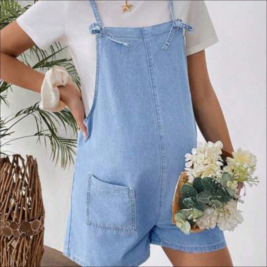 WNS Shorts vaqueros cortos sencillos con tirantes y bolsillo para maternidad, uso casual diario - Lavado ligero - Ver 1