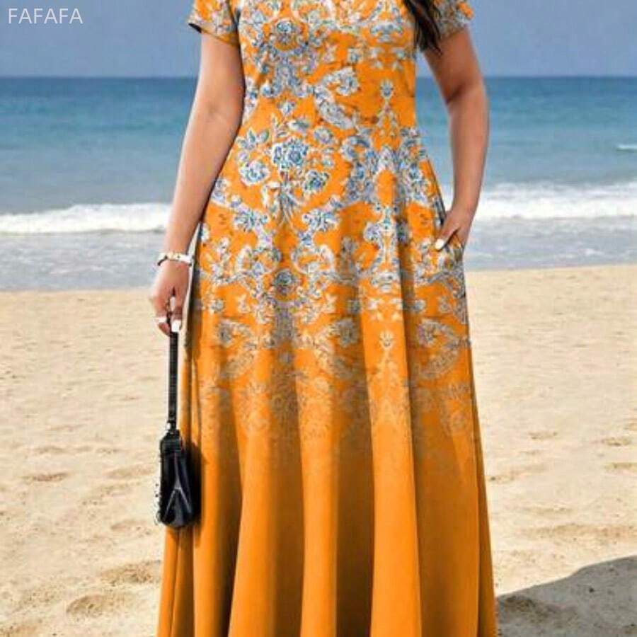 xuehuamaoyi02 Vestido de vacaciones casual elegante con bolsillo estampado para mujer de talla grande - Naranja - Ver 1