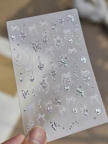 1 Sheet Waterproof Long-Lasting Nail Stickers, Metallic Silver Bow & Heart Design, Durable Self-Adhesive Decals For All-Season Daily Use - Multicolor - View 5
