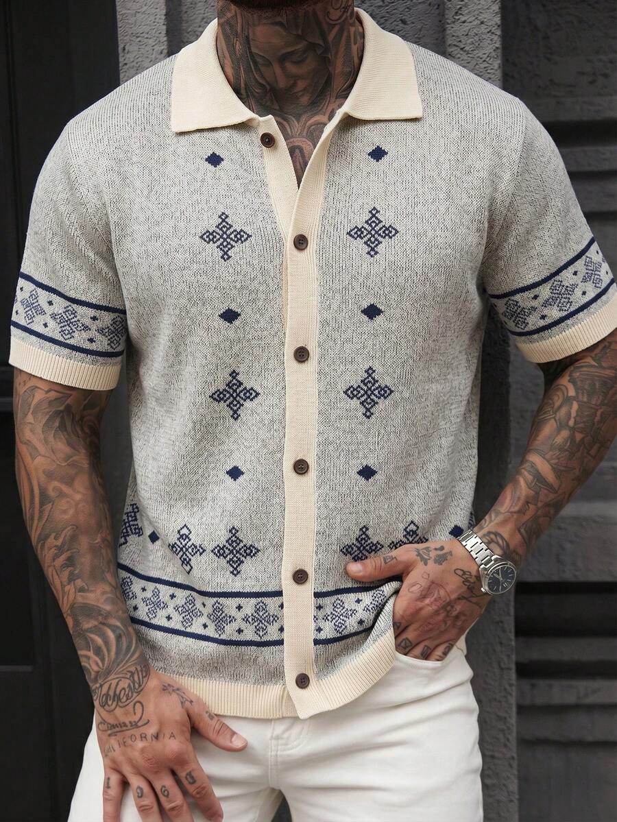 Men's Unisex Polo Collar Knit Shirt Short Sleeve Loose Casual Versatile Commute Embroidered Spring Summer - Apricot - View 1