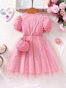 Gaun Anak Perempuan Balita Lengan Pendek Warna Pink dengan Detail Ribbed dan Jala + Gaun Rajut Lengan Mengembang + Tas Mini Berhiaskan Mutiara, Cocok untuk Pesta Ulang Tahun dan Acara Lainnya - Berwarna merah muda - View 3