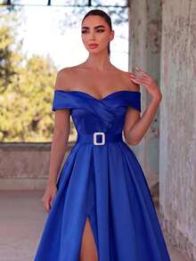 Faeriesty Women's Elegant Fitted Off-Shoulder Satin Maxi Dress - Detachable Rhinestone Belt And Slit Hem | Suitable For Formal Galas, Weddings And Special Occasions Party Spring - Royal Blue - View 3